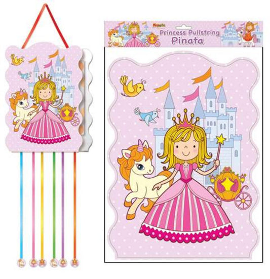Princess Pull String Pinata Princess Design. 30cm x 40cm. Supplied Flat Packed. Fill with toys and sweets. Once filled, children take it in turns to wear the blindfold (not provided) and pull a string to try and release the goodies.