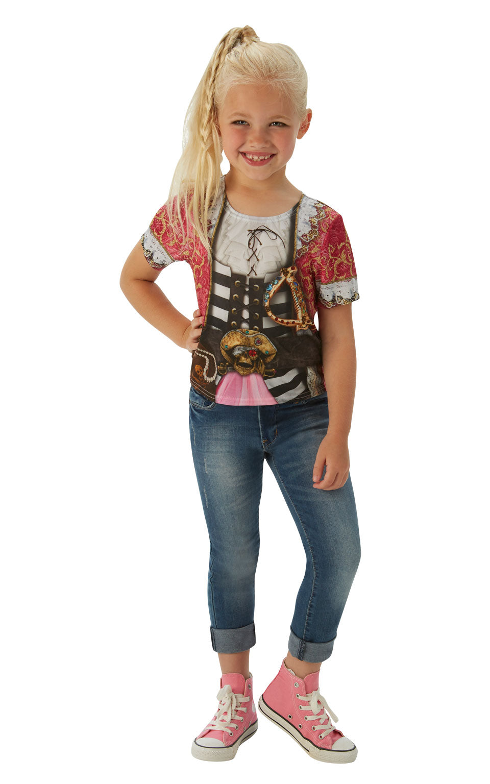 Get ready for an adventure on the seven seas with this printed dress-up t-shirt, adorned with your spoils from the Spanish Main, lace, pearls and fine cloth Pirate T-Shirt printed front and back.