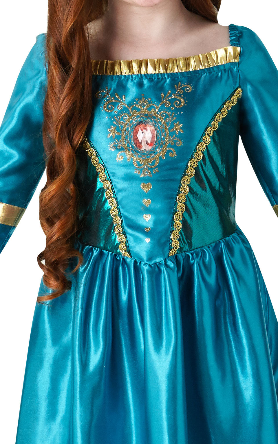 Gem Princess Merida Costume includes satin dress with gold trim, satin bodice and character gem motif and satin skirt with organza shimmer peplum and sparkly glitter detail.