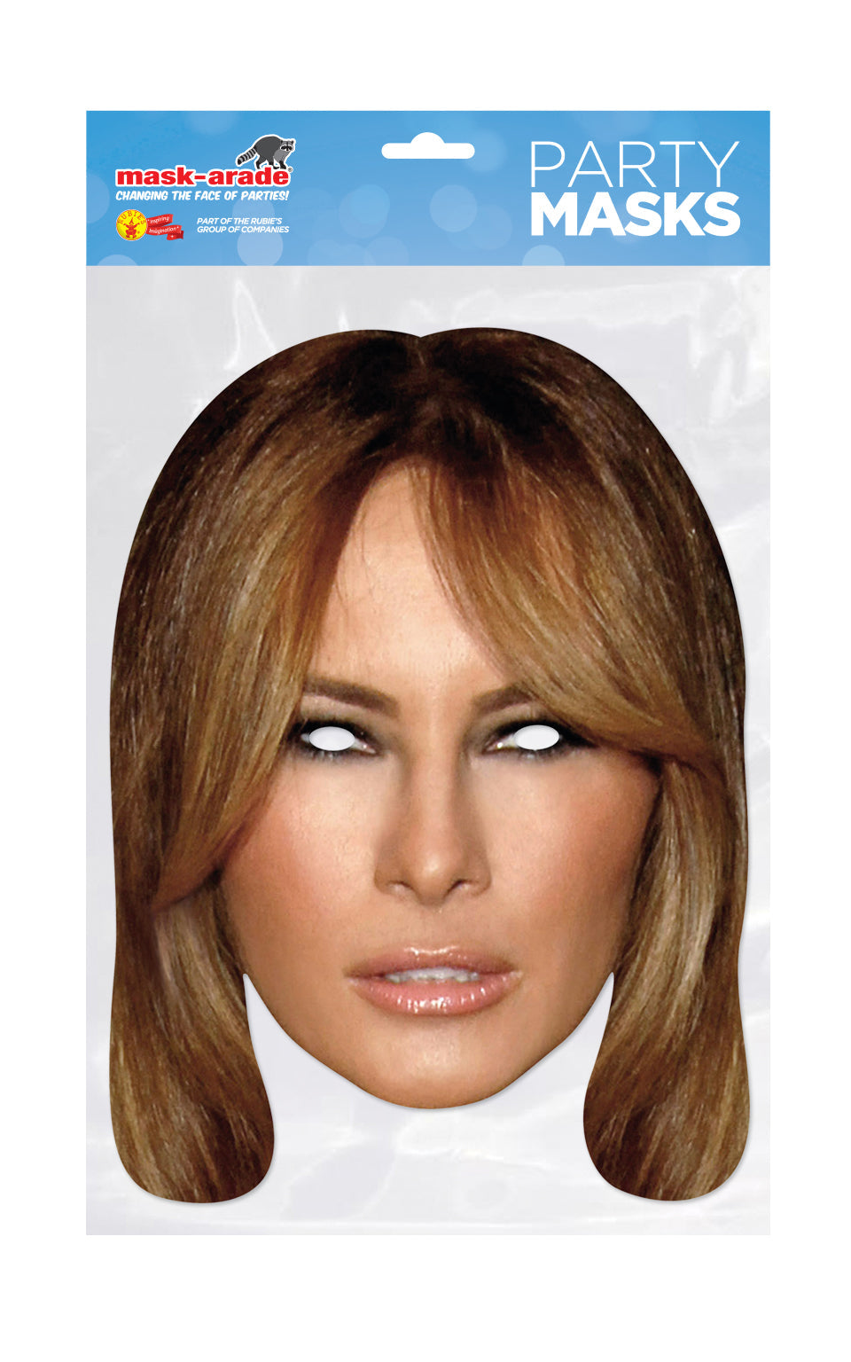 Melania Trump Celebrity Face Mask. Life size card face mask comes with eye holes and elastic fastening.