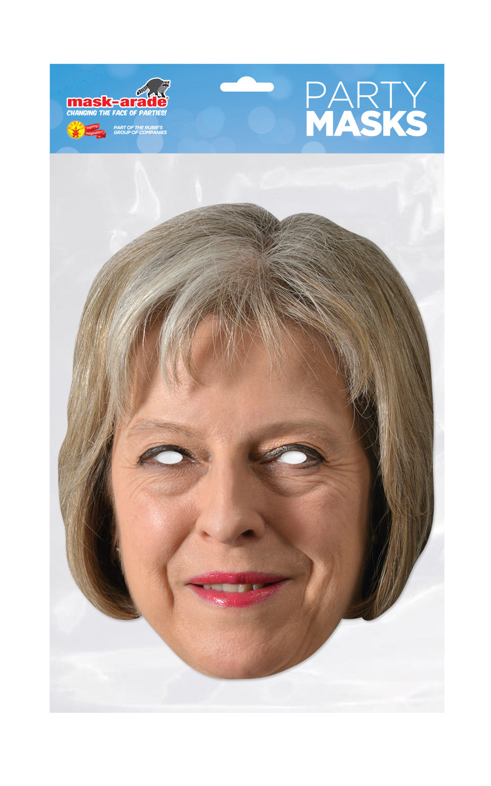 Theresa May Celebrity Face Mask. Life size card face mask comes with eye holes and elastic fastening.