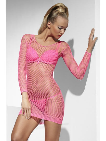 Lattice Net Dress with sleeves. Neon Pink.