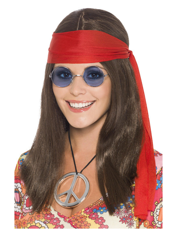 Ladies Hippy Chick Kit, includes long brown wig, specs, medallion and red headband.