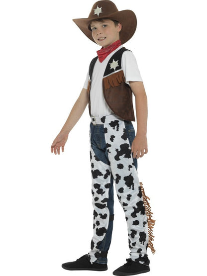 Texan Cowboy Child Fancy Dress Costume includes hat, necktie, waistcoat, badge and chaps