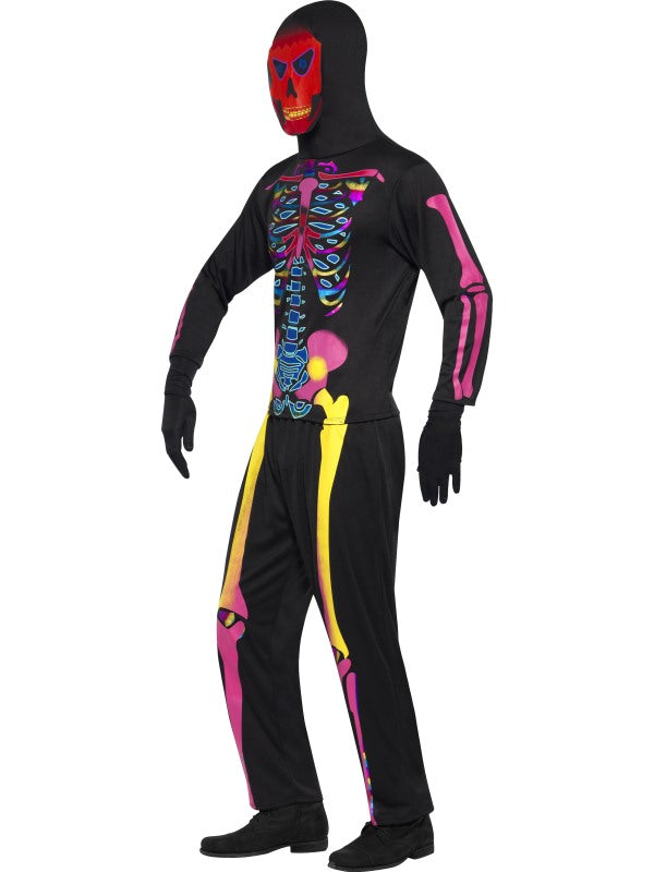 Neon Bones Halloween Skeleton Costume includes trousers, top with hood and mask