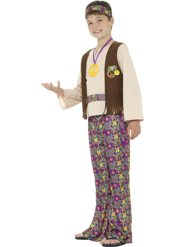 Hippie Boy Fancy Dress Costume includes top with attached waistcoat, trousers, medallion and headband