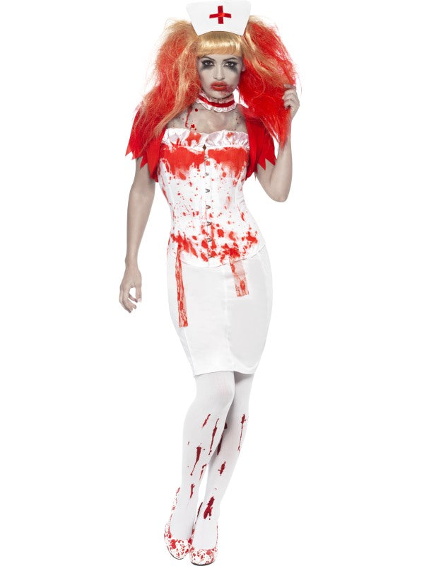 Halloween Blood Drip Nurse Halloween Costume includes skirt, corset, bolero jacket, choker and headpiece