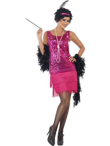 Ladies 1920s Pink Funtime Flapper Fancy Dress Costume includes dress, headpiece and necklace. Hot Pink.