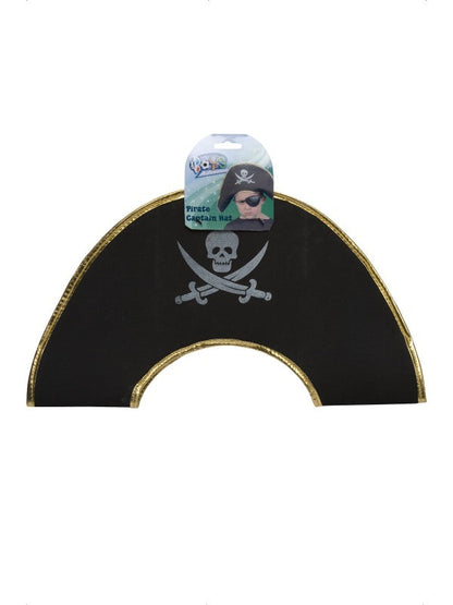 Childs Pirate Captain Hat. Black with Skull and Crossbone design and gold trim