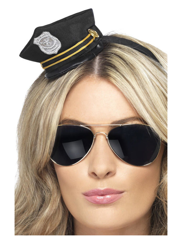 Mini Police Woman Hat on Headband, with badge and rope detail.