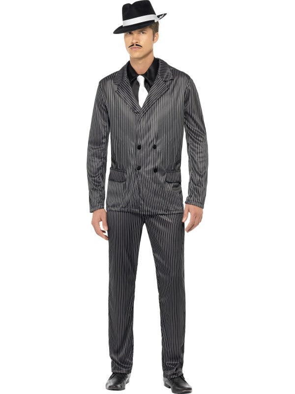 Mens 1920s Gangster Fancy Dress Costume includes pinstripe jacket, trousers, shirt front and tie. Hat sold separately.