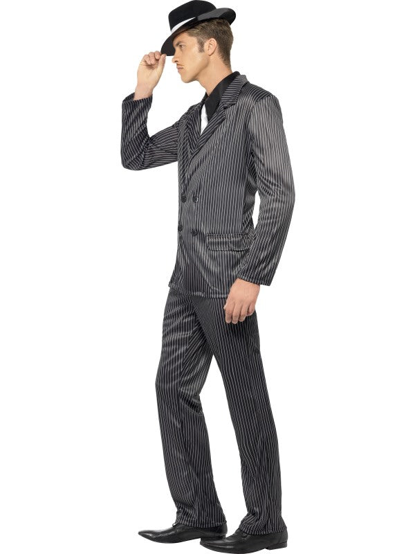Mens 1920s Gangster Fancy Dress Costume includes pinstripe jacket, trousers, shirt front and tie. Hat sold separately.