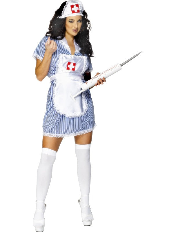 Ladies Naughty Nurse Fancy Dress Costume includes blue and white striped dress, apron and hat
