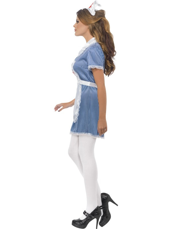 Ladies Naughty Nurse Fancy Dress Costume includes blue and white striped dress, apron and hat