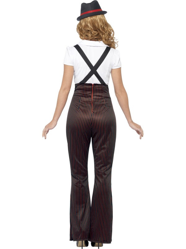 Ladies Glam Gangster Fancy Dress Costume includes top, trousers, mock braces, neck tie and hat