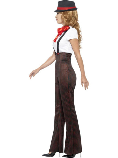 Ladies Glam Gangster Fancy Dress Costume includes top, trousers, mock braces, neck tie and hat