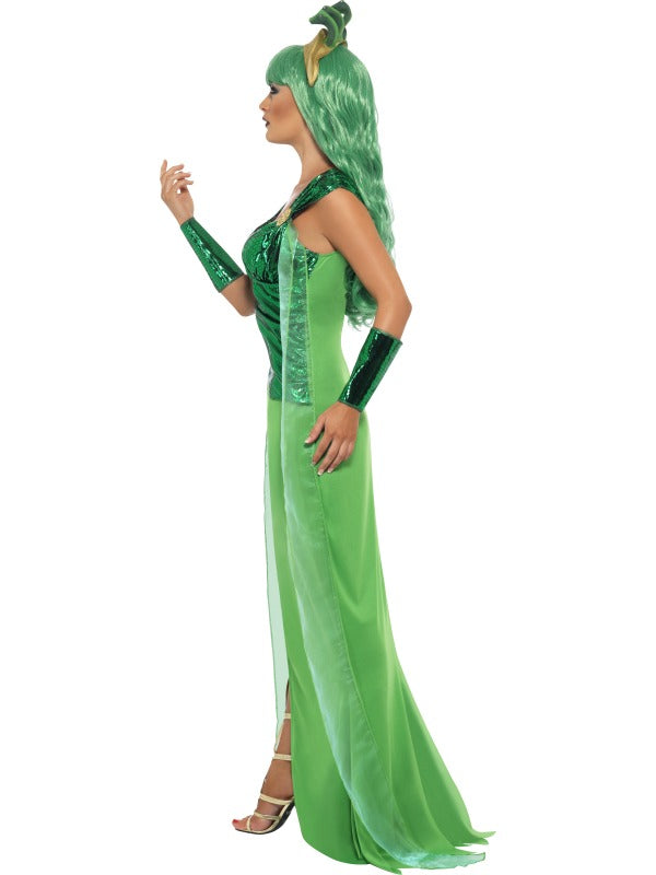 Medusa Ladies Fancy Dress Costume includes dress, headpiece and arm cuffs. Wig Sold Separately.