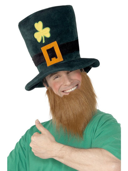 Leprechaun Hat. Bottle Green and Ginger Foam. With Shamrocks and Buckle and Ginger Beard.