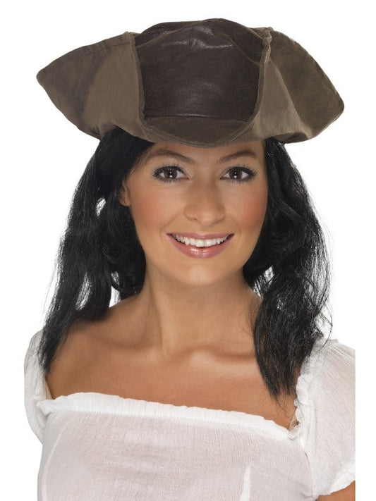 Brown Leather Look Pirate Hat with Black Hair