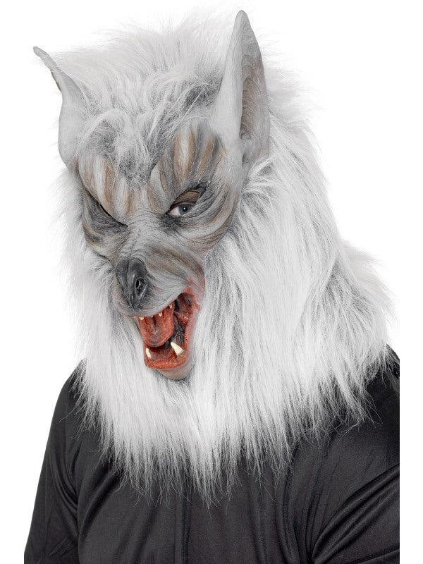 Silver Overhead Latex Rubber Wolf Mask with Fur. 14+