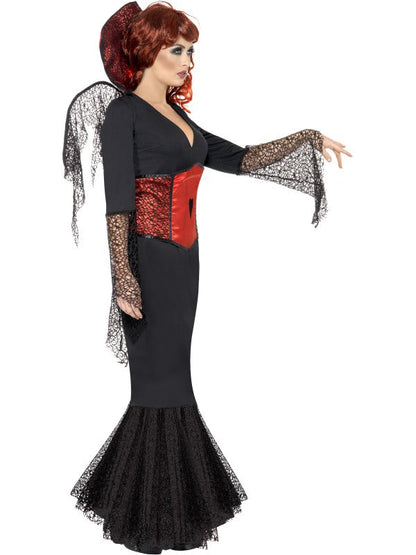 Miss Widow Vamp Halloween Costume includes dress with collar, corset and wings