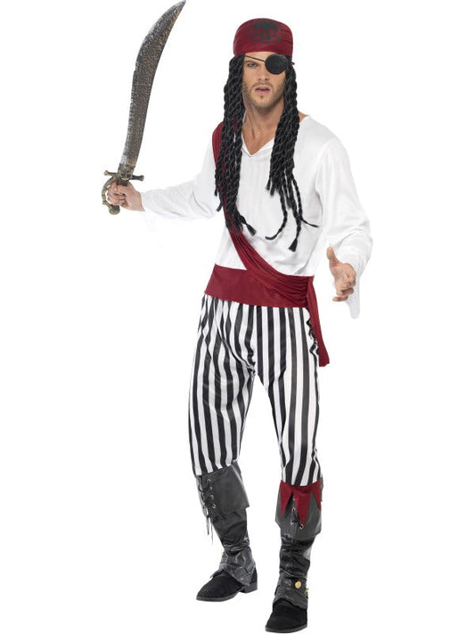 Adult Pirate Man Fancy Dress Costume includes, shirt, trousers, headpiece and belt