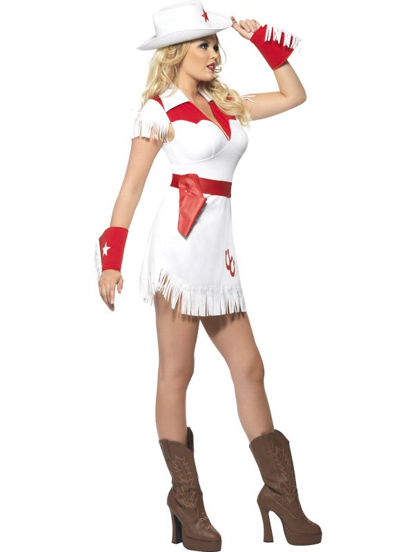 Fever Cowgirl Costume includes dress, cuffs, belt and hat