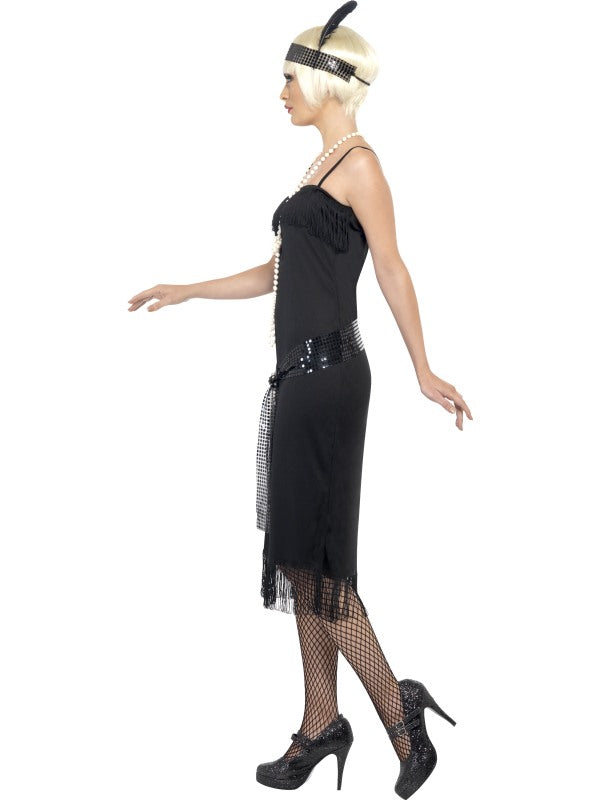 Ladies 1920S Black Flapper Costume includes dress| sash belt and headpiece. Boa| pearl necklace and cigarette holder sold separately.