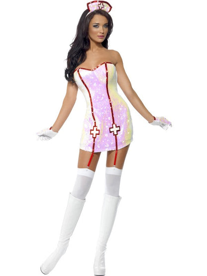 Fever Nurse Dazzle Fancy Dress Costume includes dress with garter straps, gloves and headband