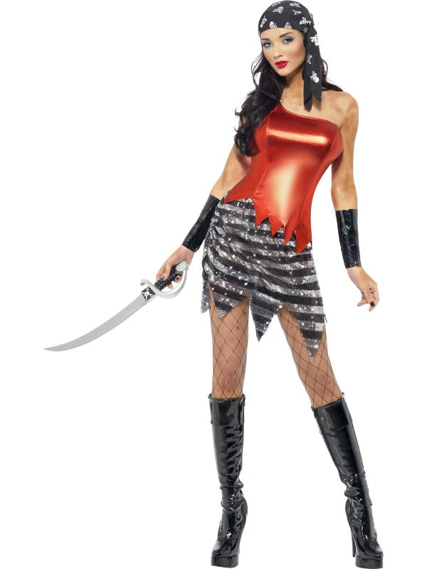 Fever Flashy Pirate Ladies Fancy Dress Costume includes top, skirt, arm cuffs and bandanna