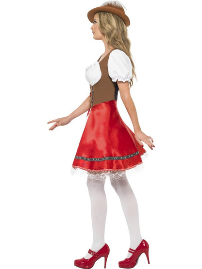 Ladies Bavarian Wench Fancy Dress Costume includes dress with attached apron. Hat sold separately.