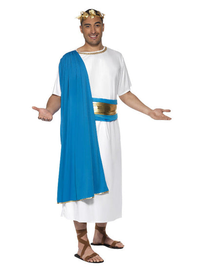 Mens Roman Senator Costume includes robe with attached sash, belt and headpiece