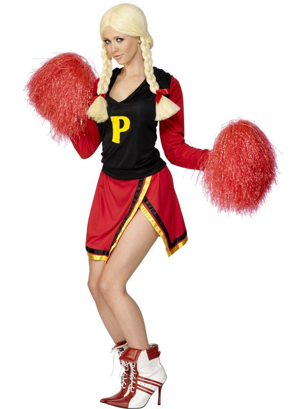 Adult Cheerleader Fancy Dress Costume includes top and skirt. Pom Poms NOT included.