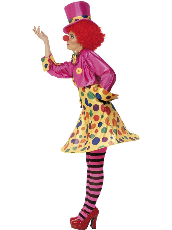 Clown Lady Fancy Dress Costume includes hooped dress| shirt| bow tie| stripy tights and hat