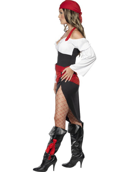Ladies Sassy Pirate Wench Fancy Dress Costume includes top, skirt, belt and headscarf