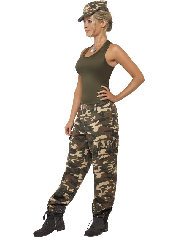 Ladies Khaki Camo Fancy Dress Costume includes vest and trousers. Army Cap, Bullet Belt and Dog Tags sold separately.