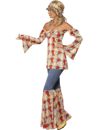 Ladies Vintage Hippy Fancy Dress Costume includes halter-neck top, sleeves, flares and headband