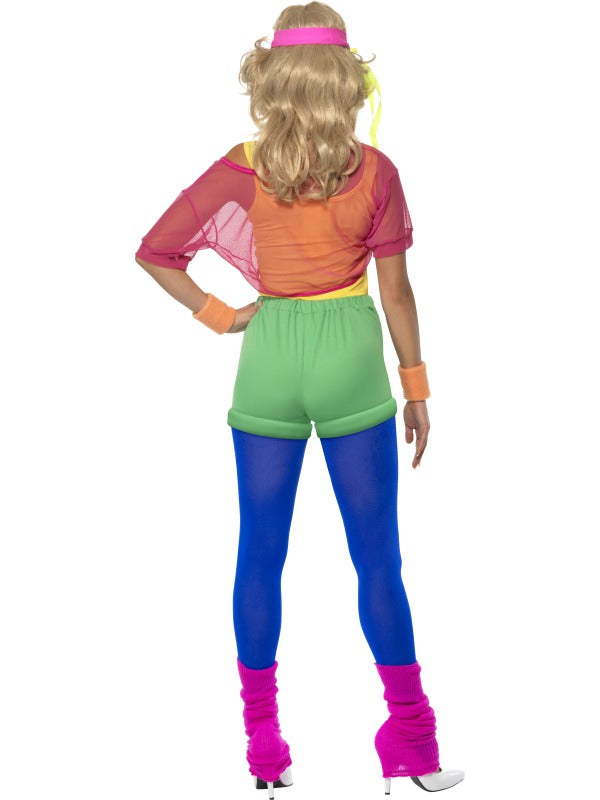 Ladies 1980s Lets Get Physical Girl Fancy Dress Costume includes leotard, crop top, shorts and headband