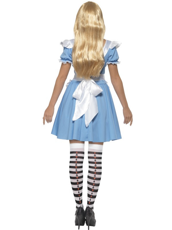 Ladies Wonderland Alice Deck of Cards Girl Costume includes dress with attached apron. Stockings sold separately.
