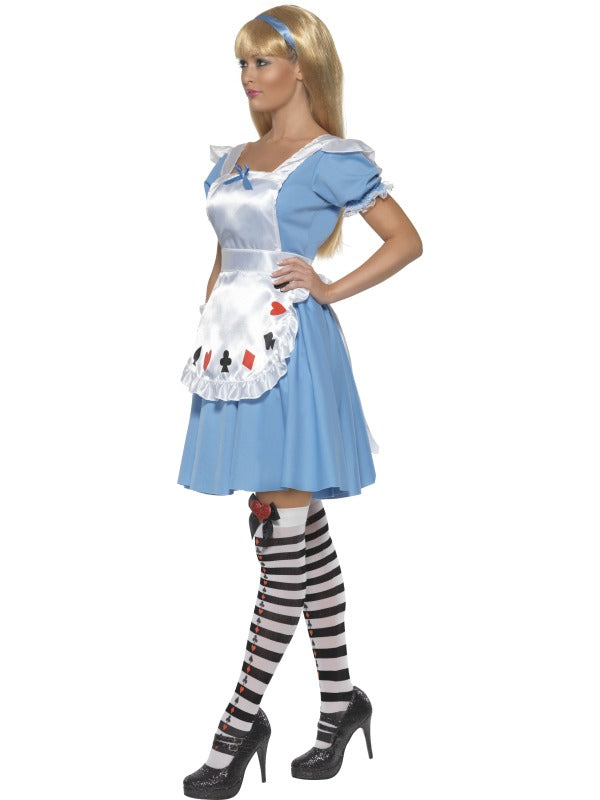 Ladies Wonderland Alice Deck of Cards Girl Costume includes dress with attached apron. Stockings sold separately.