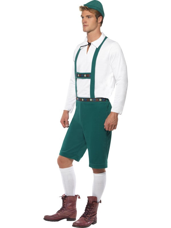 Mens Oktoberfest Beef Festival Fancy Dress Costume includes lederhosen shorts with braces, top and hat
