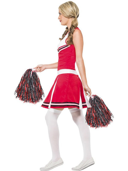 Ladies Red Cheerleader Fancy Dress Costume includes dress and pom poms.
