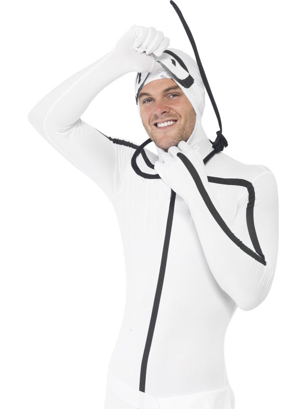 Hangman Fancy Dress Costume consists of Second Skin Suit with Noose Features White Concealed Fly, Under chin Opening and Bum Bag