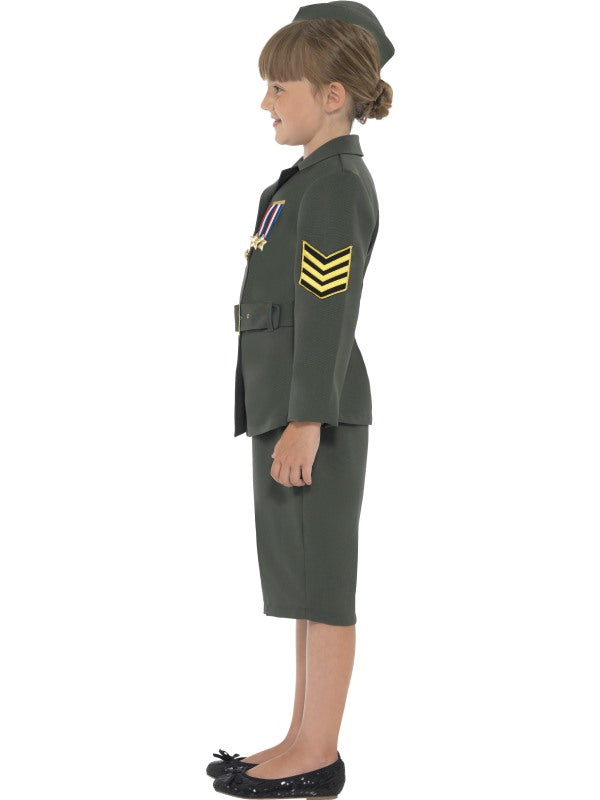 WW2 Army Girl Fancy Dress Costume includes jacket with attached belt, skirt and hat