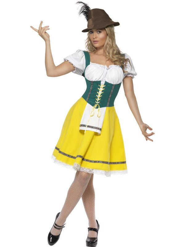 Ladies Oktoberfest Fancy Dress Costume includes dress with attached apron. Hat sold separately.