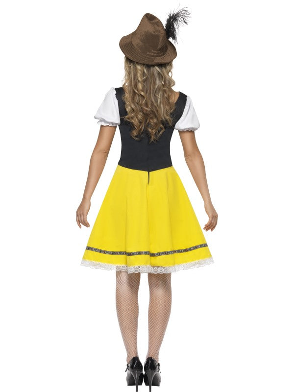 Ladies Oktoberfest Fancy Dress Costume includes dress with attached apron. Hat sold separately.