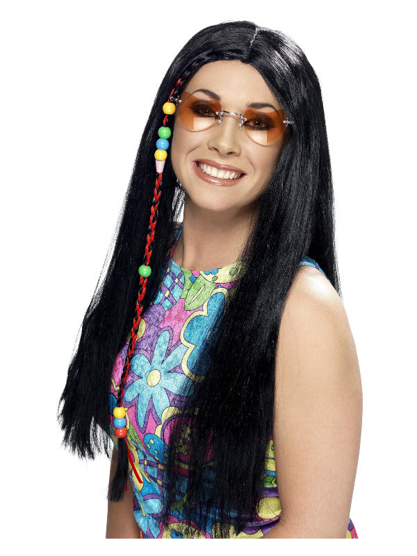 Hippy Party Wig. Black, long with coloured beads.
