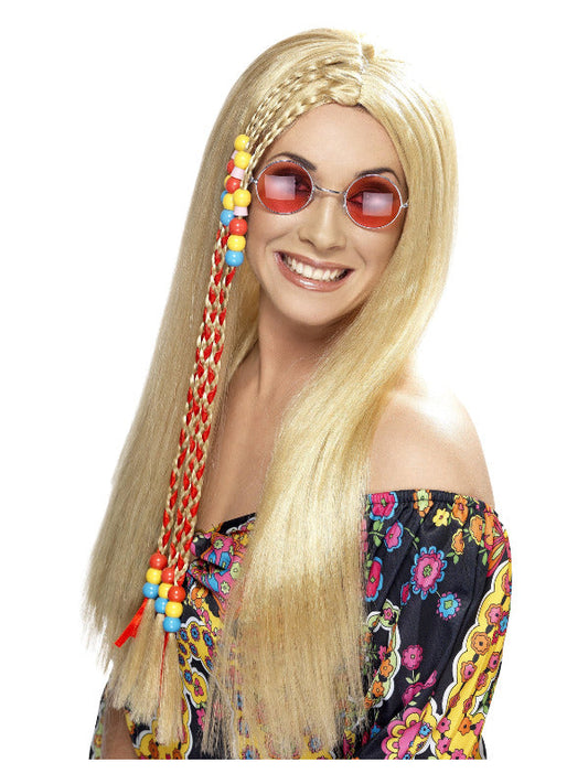 Hippy Party Wig. Blonde, long with coloured beads.