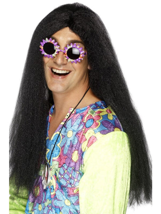 Mens Long Black Hippy Wig. Long with centre parting.
