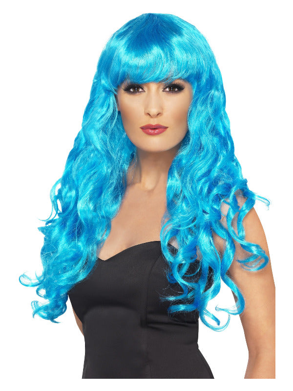 Long Blue Curly Siren Wig with fringe.